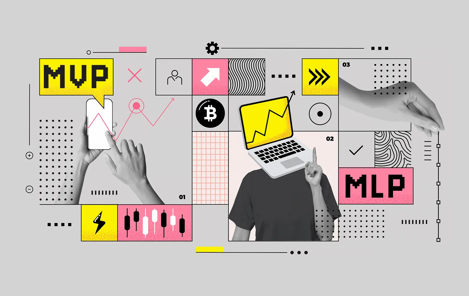 Illustration showing a product designer bridging MVP and MLP concepts, highlighting user delight and innovation.